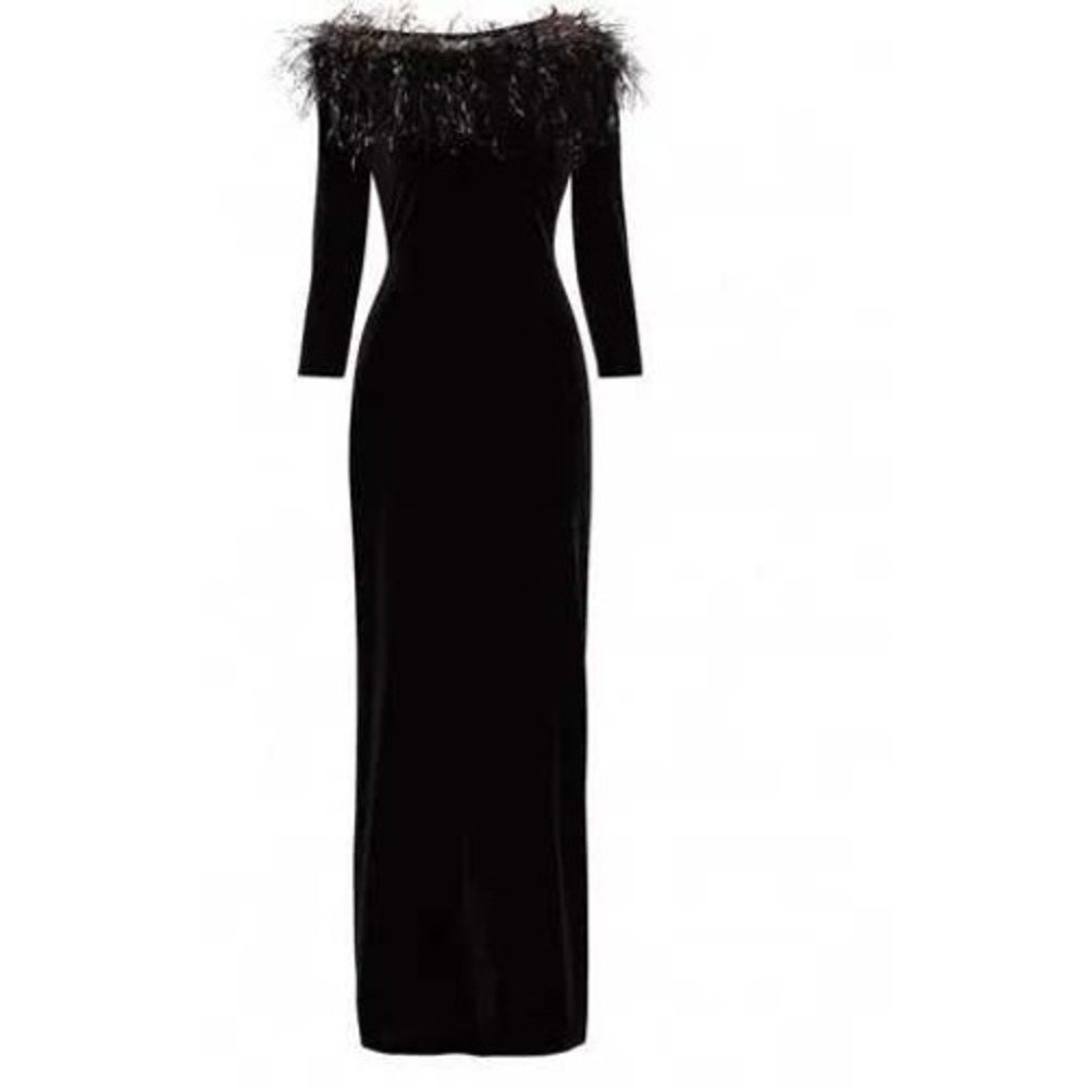 Cachet Black Velvet Marabou Feather Trim Maxi Evening Gown Dress Size 6 Made USA